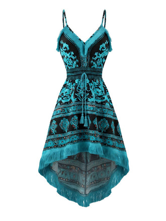 1970s Boho Fringe Trim High-Low Cami Dress