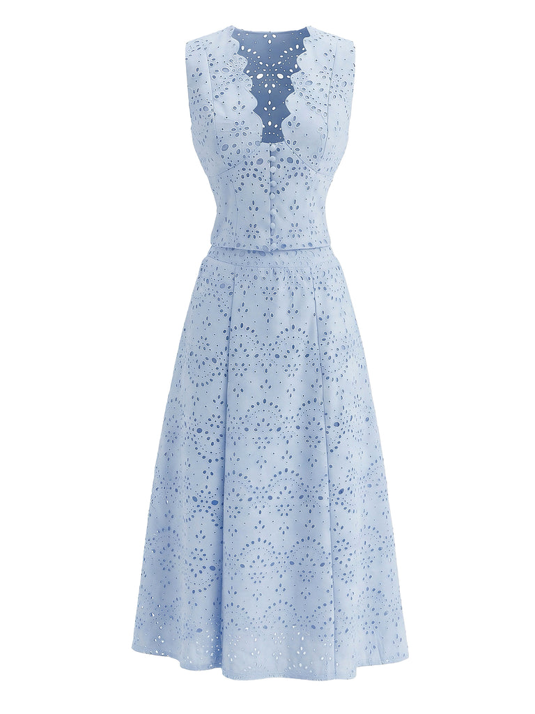 Light Blue 1950s V Neck Two Piece Set 2