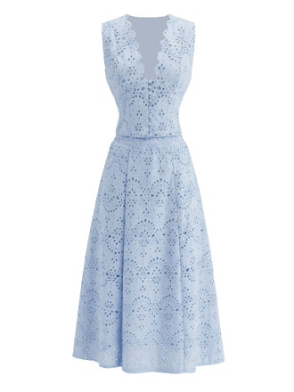 2PCS Blue 1950s Plunging Embroidery Vest & Maxi Skirt
