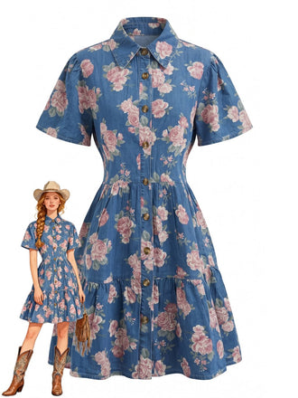 Blue 1970s Floral Denim Dress