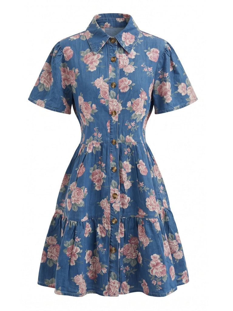 Blue 1970s Floral Denim Dress 2
