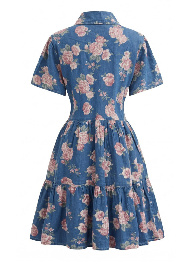 Blue 1970s Floral Denim Dress 3