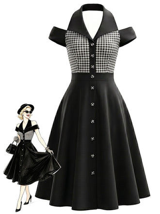 [Pre-Sale] Black & White 1950s Gingham Plaid Halter Cold Shoulder Dress