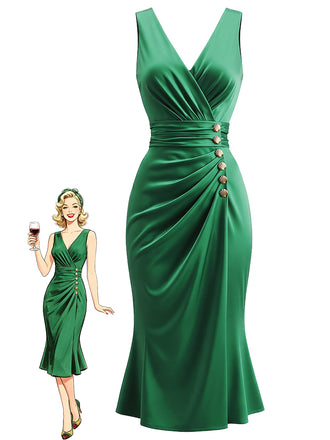 [Pre-Sale] Green 1950s Satin Ruched V-Neck Mermaid Dress