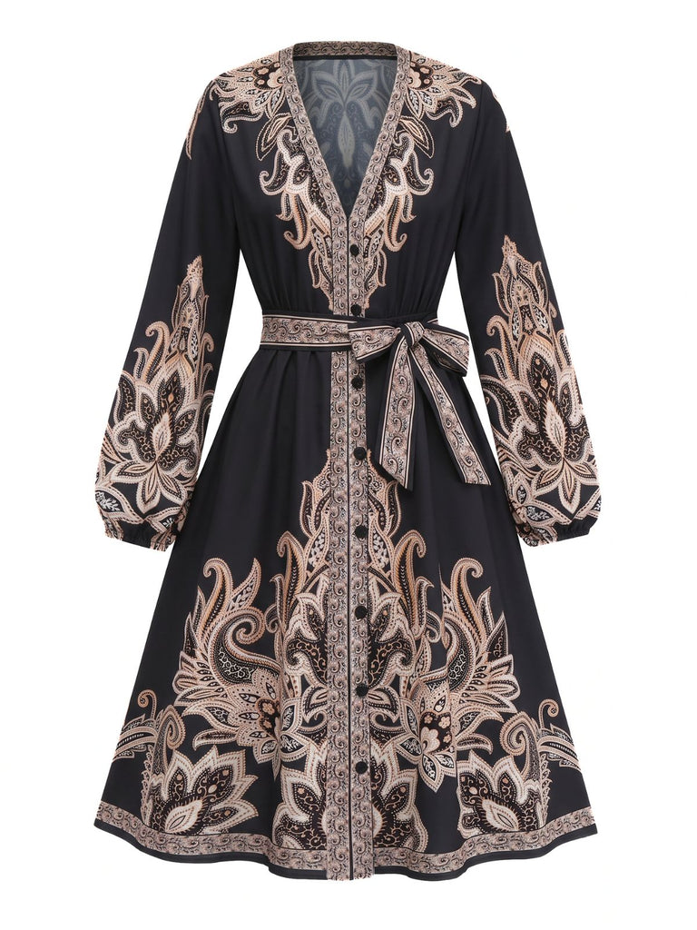 1970s Boho Paisley Print V Neck Lantern Sleeve Dress