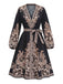 1970s Boho Paisley Print V Neck Lantern Sleeve Dress