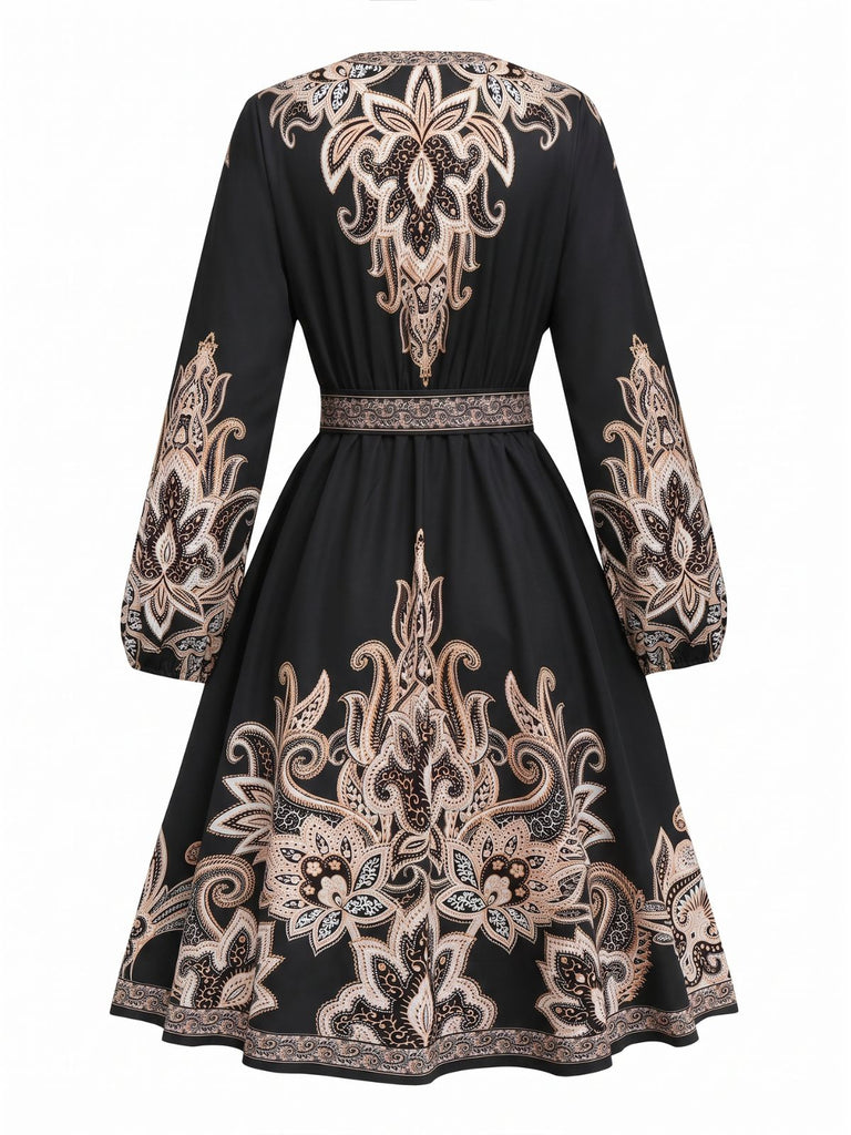 1970s Boho Paisley Print V Neck Lantern Sleeve Dress
