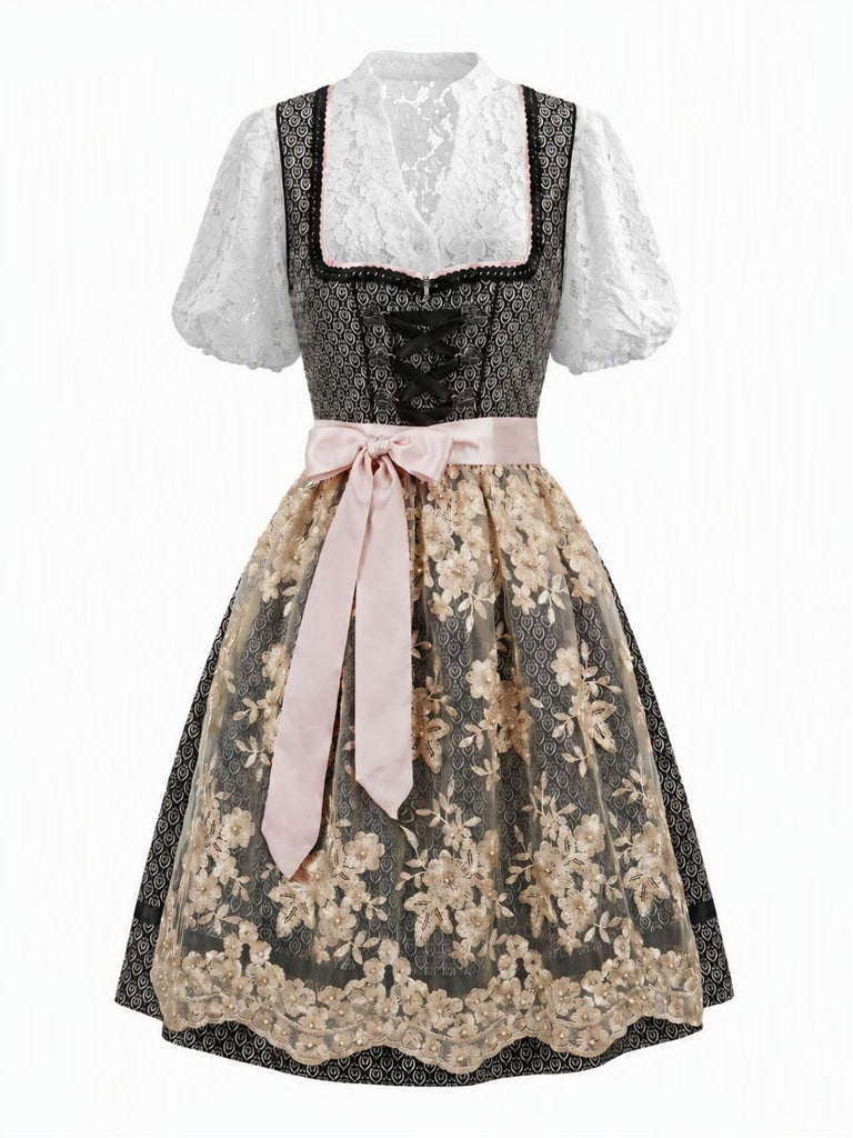 3PCS Black 1950s Square Neck Dress & Floral Apron & Lace Top