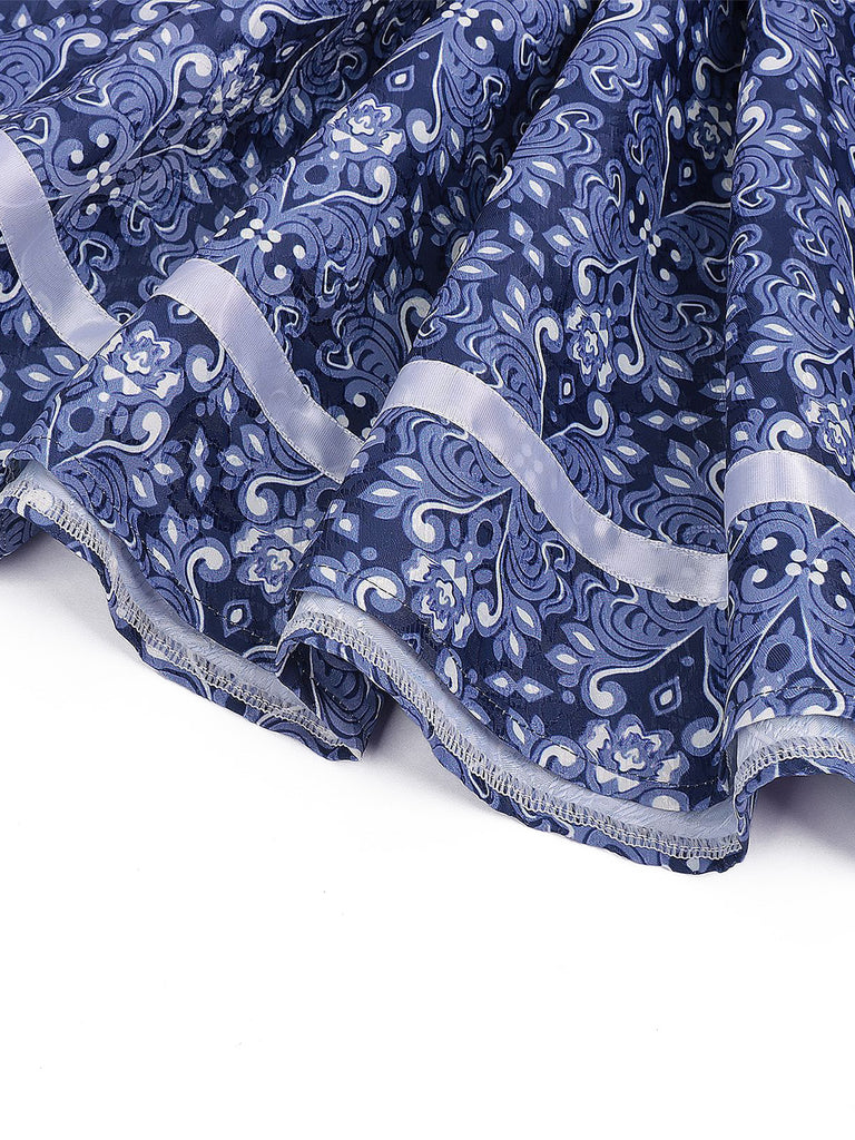 Dark Blue 1950s Floral V Neck Two Piece Set 10