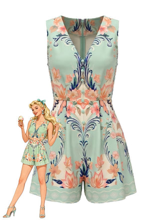 [Pre-Sale] Ice Green 1950s Floral V Neck Jumpsuit
