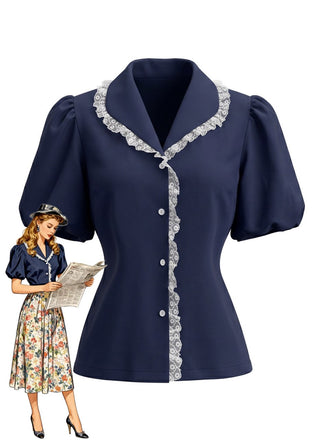 Navy Blue 1950s Lace Blouse