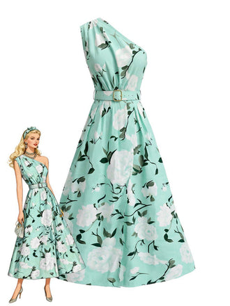 Ice Green 1950s Floral One-Shoulder Sleeveless Dress