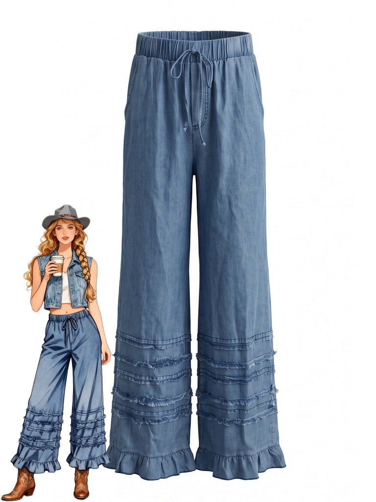 Blue 1970s Ruffle Denim Pants