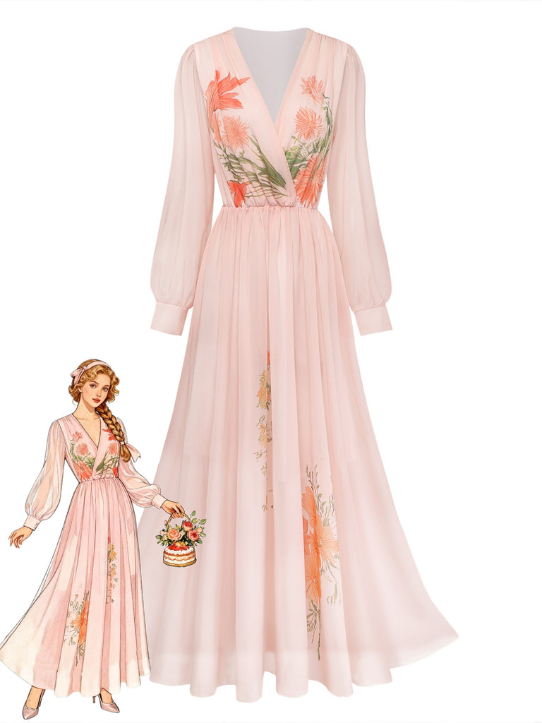 Orange Pink 1930s Floral V Neck Dress