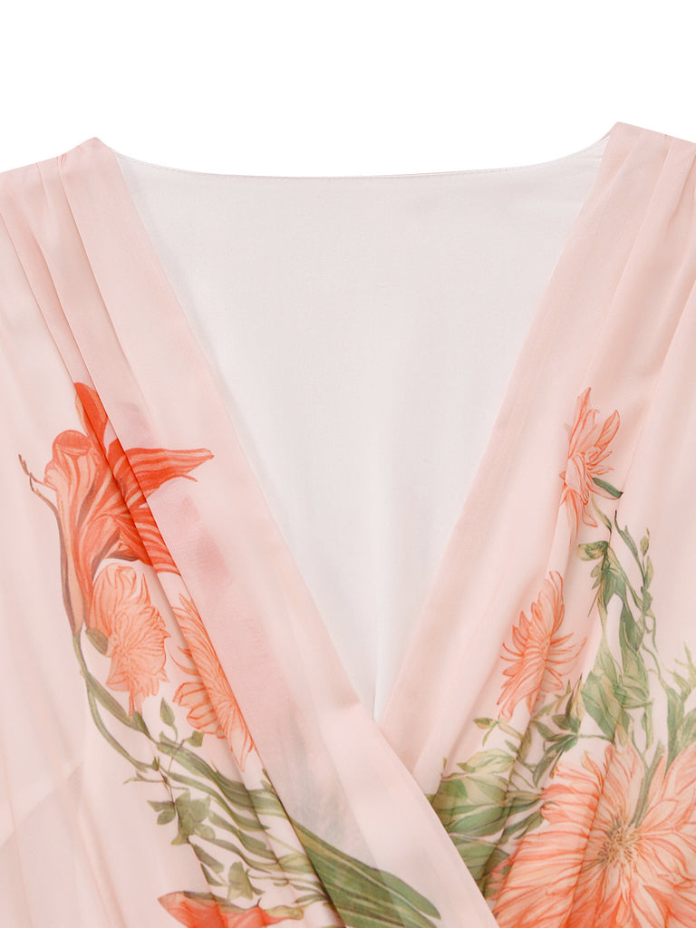 Orange Pink 1930s Floral V Neck Dress 4