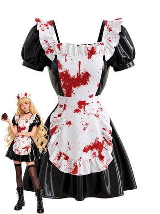Black 1950s Halloween Patent Bloody Maid Dress