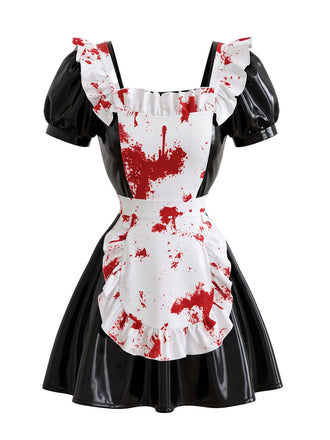 Black 1950s Halloween Patent Bloody Maid Dress