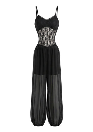 1980s Lace Sheer Mesh Cami Jumpsuit
