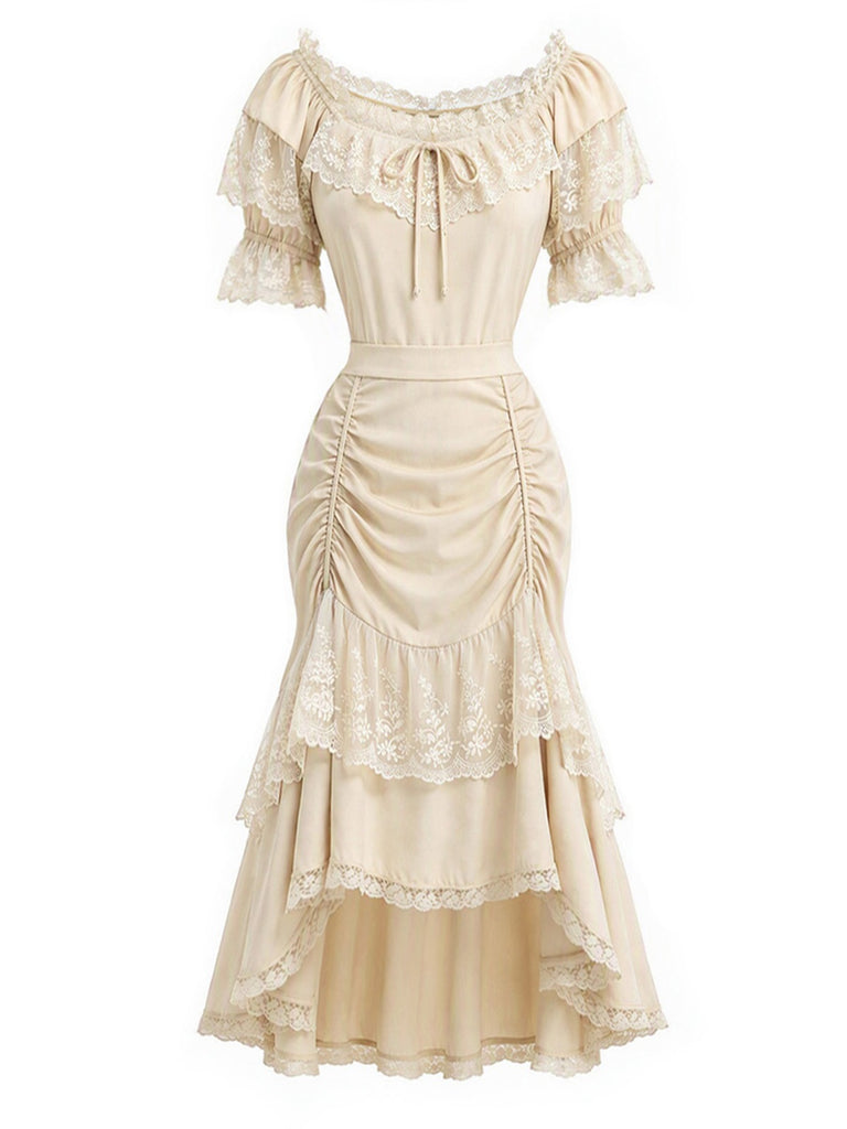 [Pre-Sale] 2PCS Beige 1970s Off‑Shoulder Lace Ruffle Top & Asymmetric Skirt
