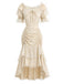 [Pre-Sale] 2PCS Beige 1970s Off‑Shoulder Lace Ruffle Top & Asymmetric Skirt