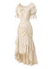 [Pre-Sale] 2PCS Beige 1970s Off‑Shoulder Lace Ruffle Top & Asymmetric Skirt