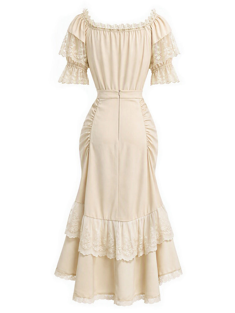[Pre-Sale] 2PCS Beige 1970s Off‑Shoulder Lace Ruffle Top & Asymmetric Skirt