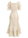 [Pre-Sale] 2PCS Beige 1970s Off‑Shoulder Lace Ruffle Top & Asymmetric Skirt