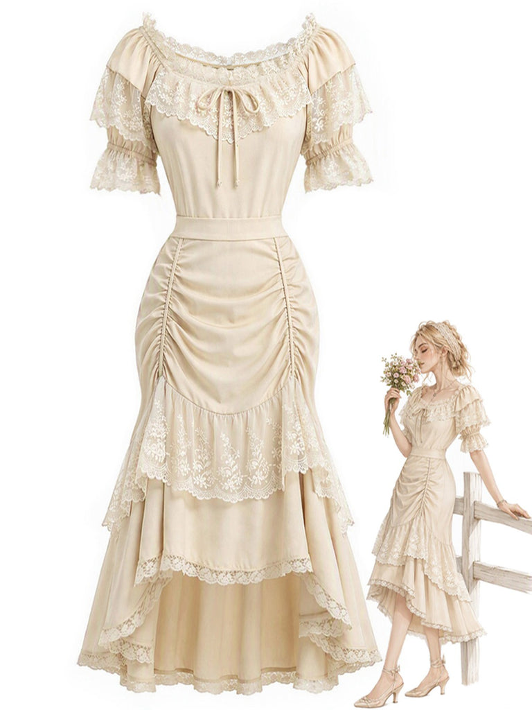[Pre-Sale] 2PCS Beige 1970s Off‑Shoulder Lace Ruffle Top & Asymmetric Skirt