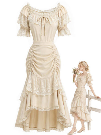 [Pre-Sale] 2PCS Beige 1970s Off‑Shoulder Lace Ruffle Top & Asymmetric Skirt