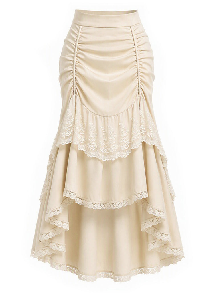 [Pre-Sale] 2PCS Beige 1970s Off‑Shoulder Lace Ruffle Top & Asymmetric Skirt