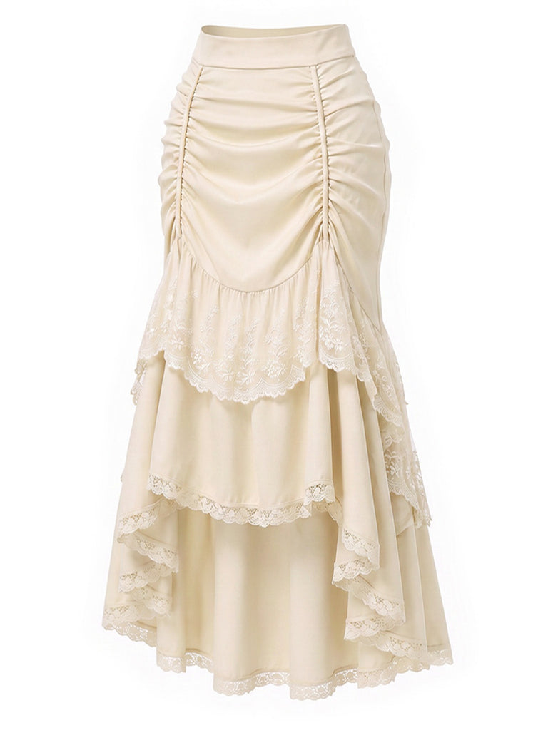 [Pre-Sale] 2PCS Beige 1970s Off‑Shoulder Lace Ruffle Top & Asymmetric Skirt