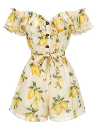 [Pre-Sale] Yellow 1980s Off-Shoulder Ruffle Lemon Romper