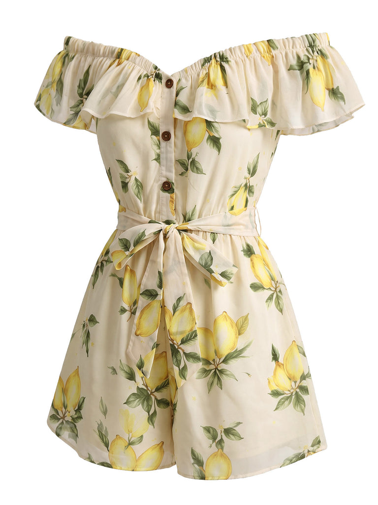 Yellow 1980s Off-Shoulder Ruffle Lemon Romper