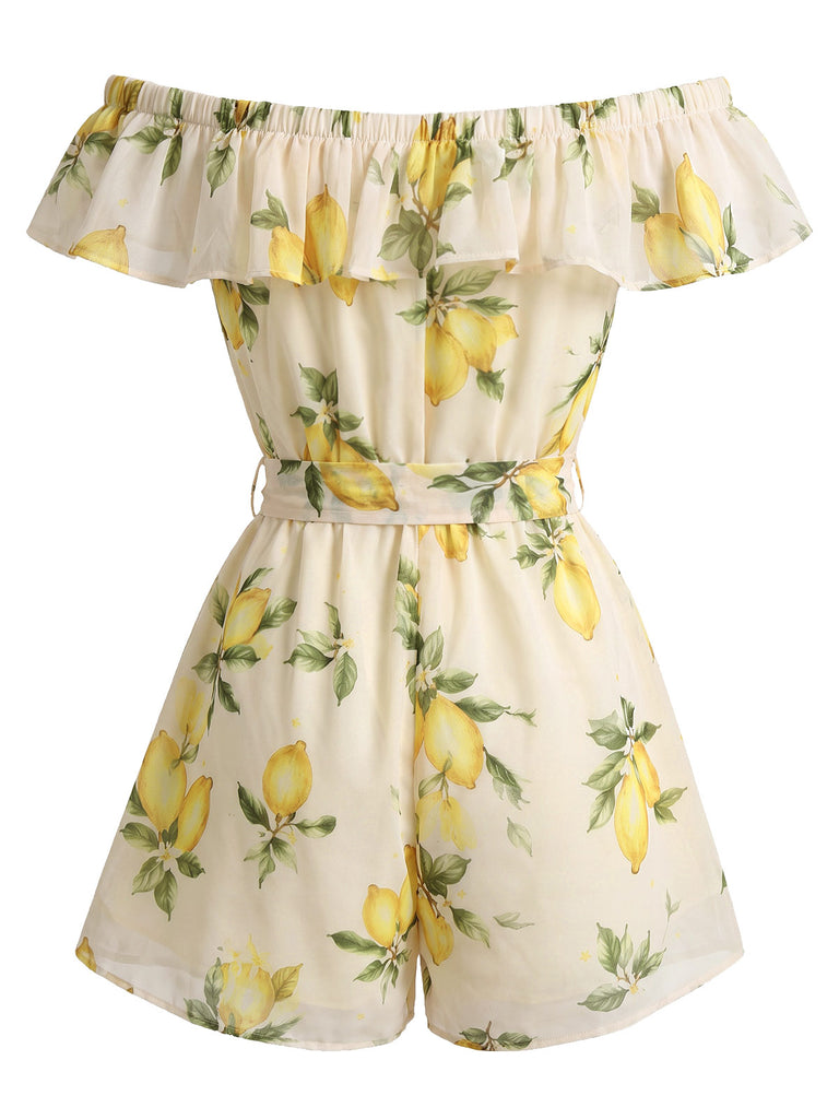 Yellow 1980s Off-Shoulder Ruffle Lemon Romper