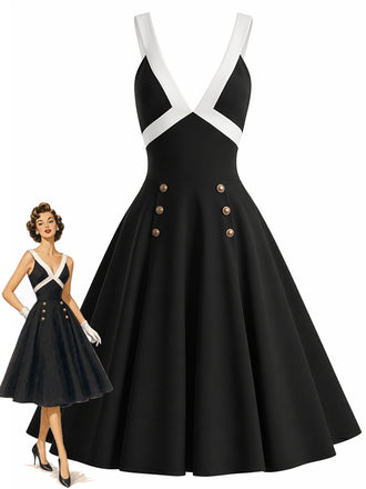 [Pre-Sale] Black 1950s Contrast Deep V Double Buttons Swing Dress