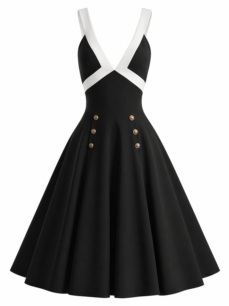 [Pre-Sale] Black 1950s Contrast Deep V Double Buttons Swing Dress