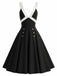 [Pre-Sale] Black 1950s Contrast Deep V Double Buttons Swing Dress