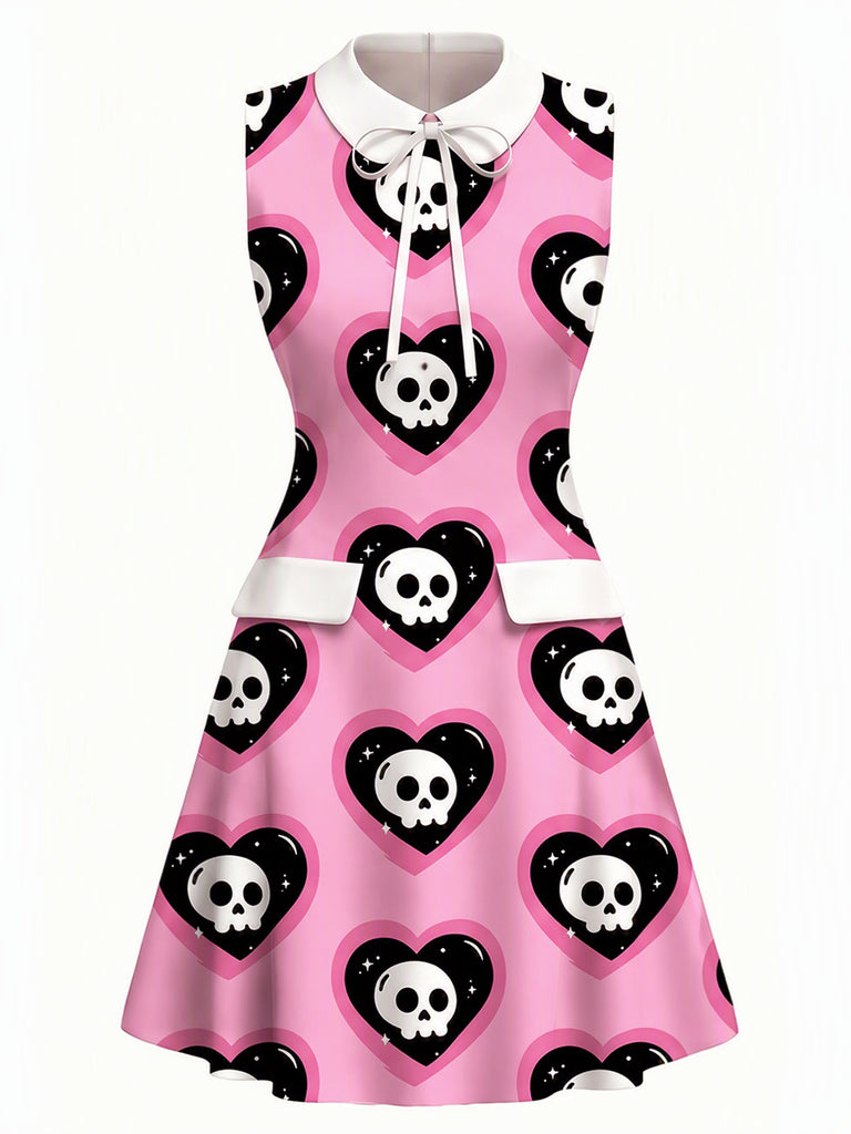 Pre-Sale] Pink 1960s Gothic Heart Skull Peter‑Pan Collar Dress