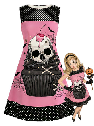[Pre-Sale] Pink 1960s Skull Cupcake Polka Dot A-Line Dress