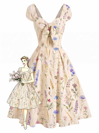 [Pre-Sale] Cream Color 1950s Floral Bow Dress 3