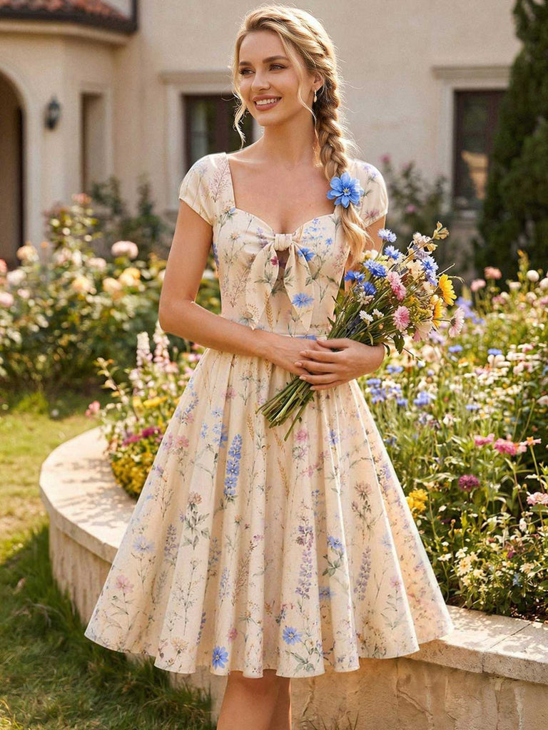 [Pre-Sale] Cream Color 1950s Floral Bow Dress 4