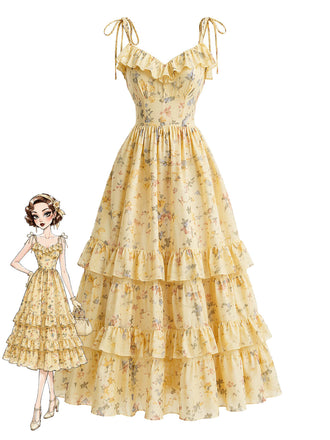[Pre-Sale] Midium Yellow 1950s Floral Ruffle Dress