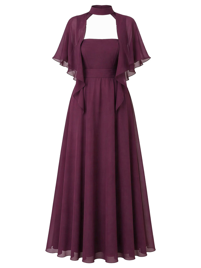 Plum 1930s Chiffon Mock Neck Capelet Sleeves Midi Dress