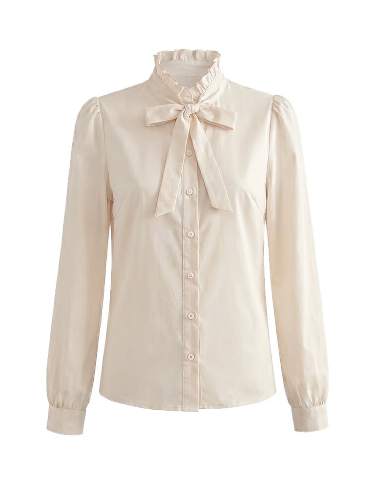 [Pre-Sale] Ivory 1940s Bow Tie Ruffle Collar Blouse