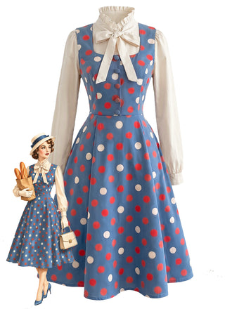 [Pre-Sale] 2PCS 1950s Bow Tie Ruffle Collar Blouse & Polka Dot Dress
