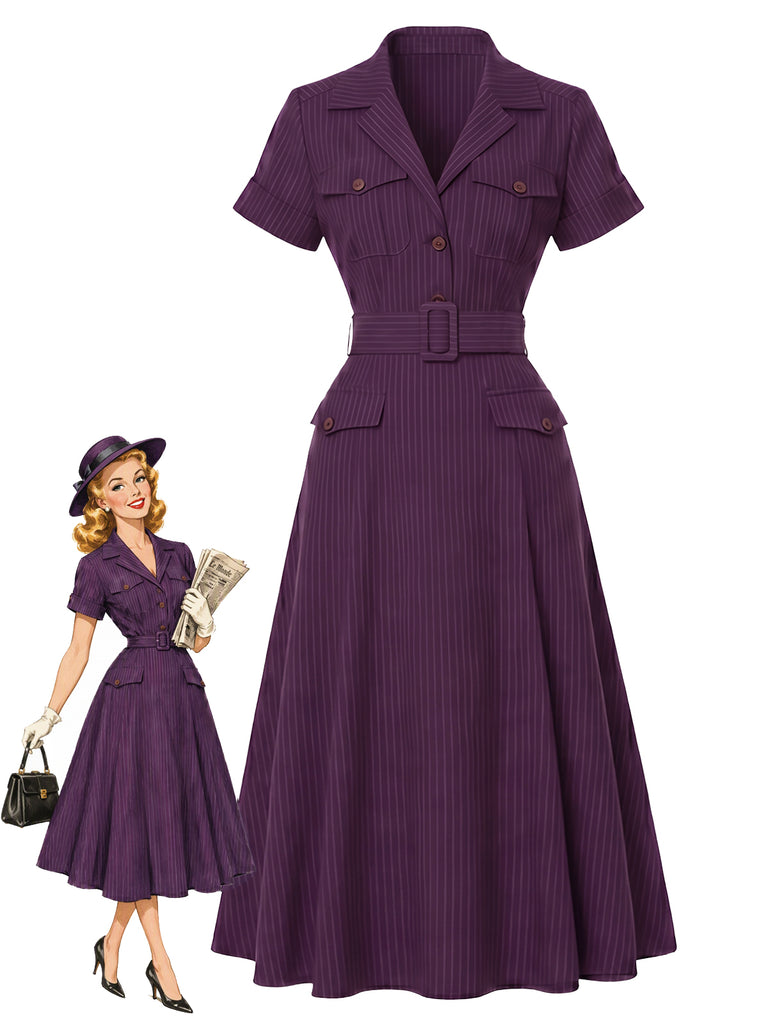 Deep Purple 1940s Pinstripe Belted Shirt Collar Midi Dress