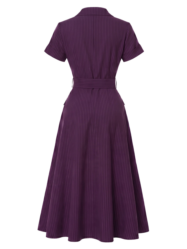 Deep Purple 1940s Pinstripe Belted Shirt Collar Midi Dress
