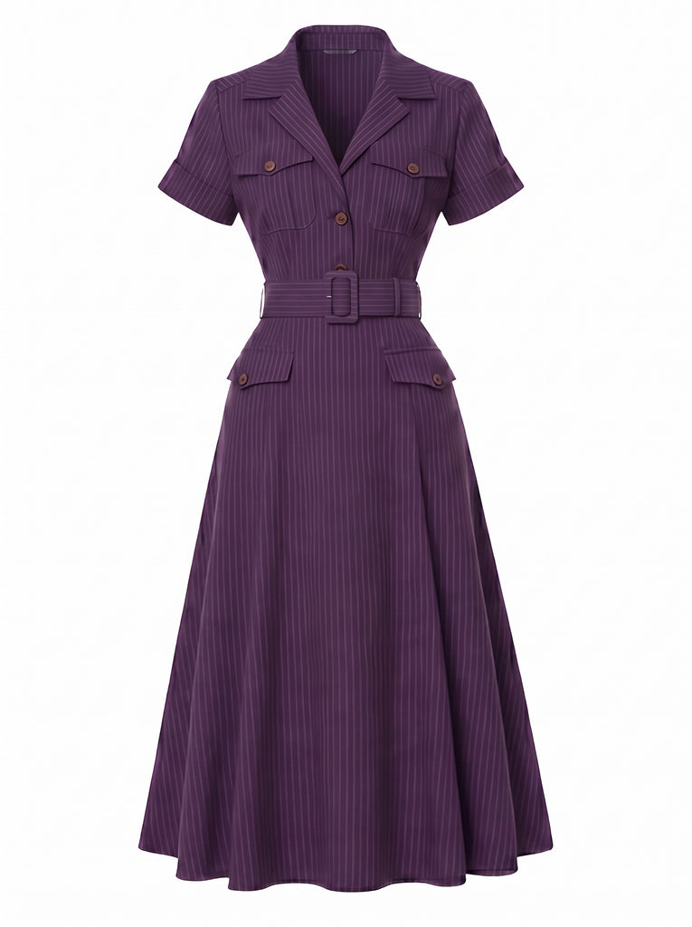 [Pre-Sale] Deep Purple 1940s Floral V Neck Striped Dress 2