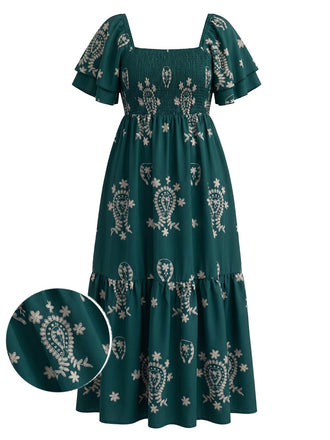 Plus Size Green 1940s Square Neck Ruffle Dress