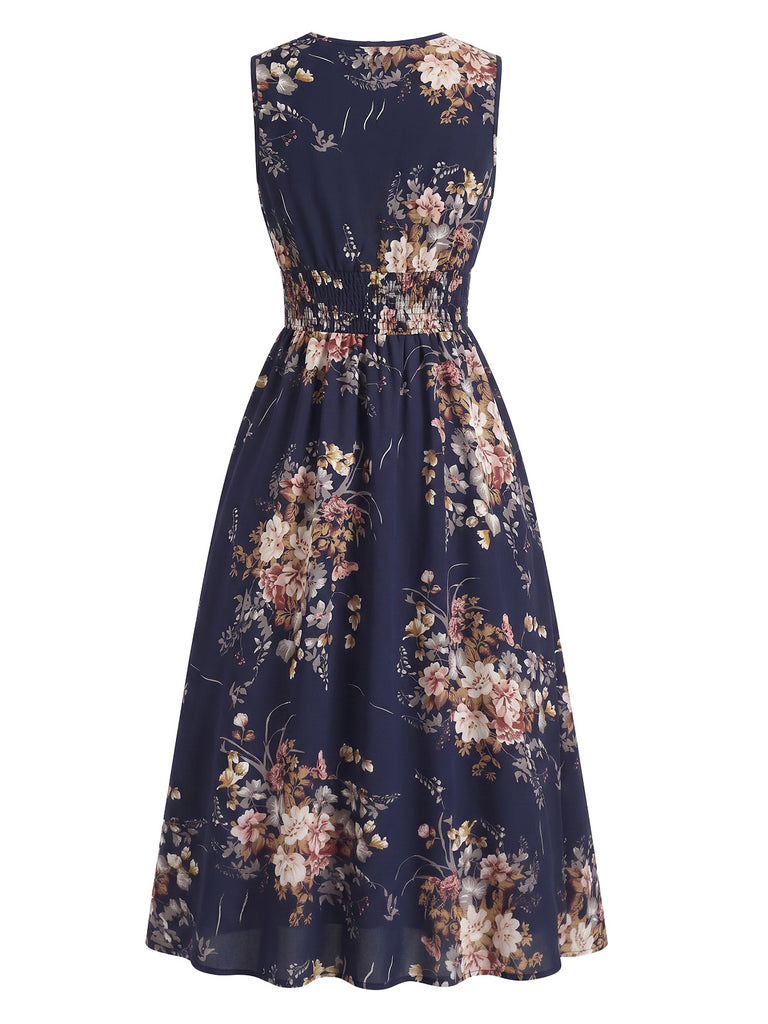 Plus Size Deep Blue 1950s Floral V Neck Dress 2